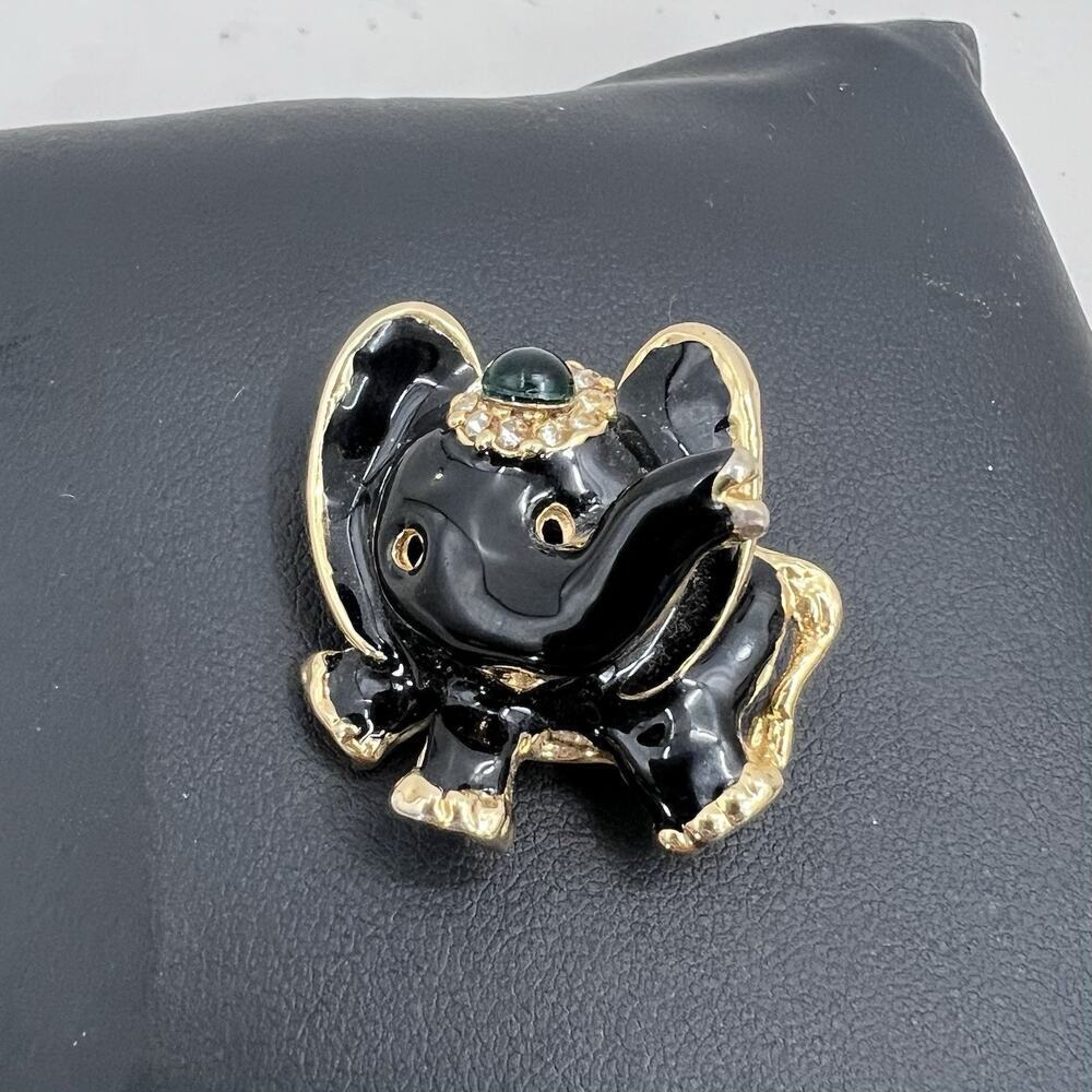 Vintage Unique Circus Elephant Gold Tone & Black Enamel Rhinestone Pin Brooch